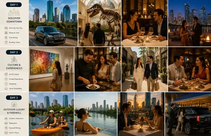 Travelers enjoying a 3-day luxury Houston itinerary with fine dining, museums, shopping, outdoor recreation, and private tours.